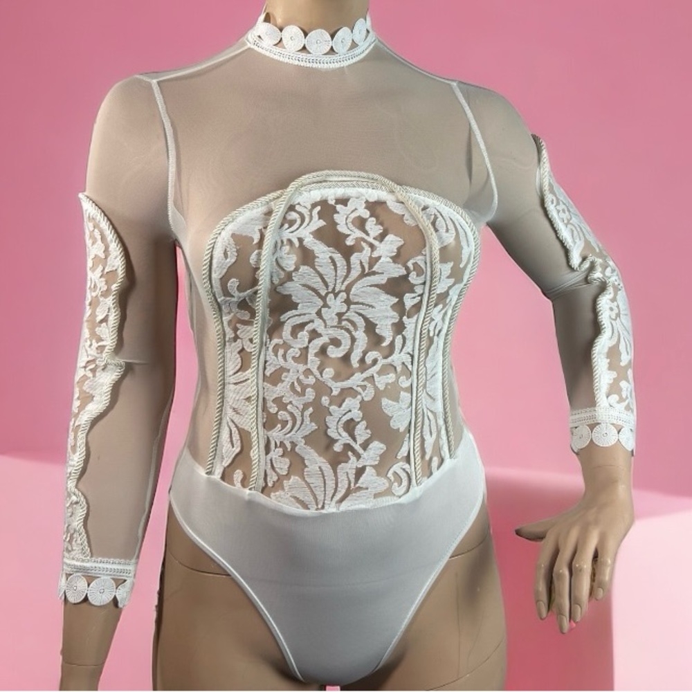 WOMEN’S MESH LACE ROPED BODY SUIT-WHITE